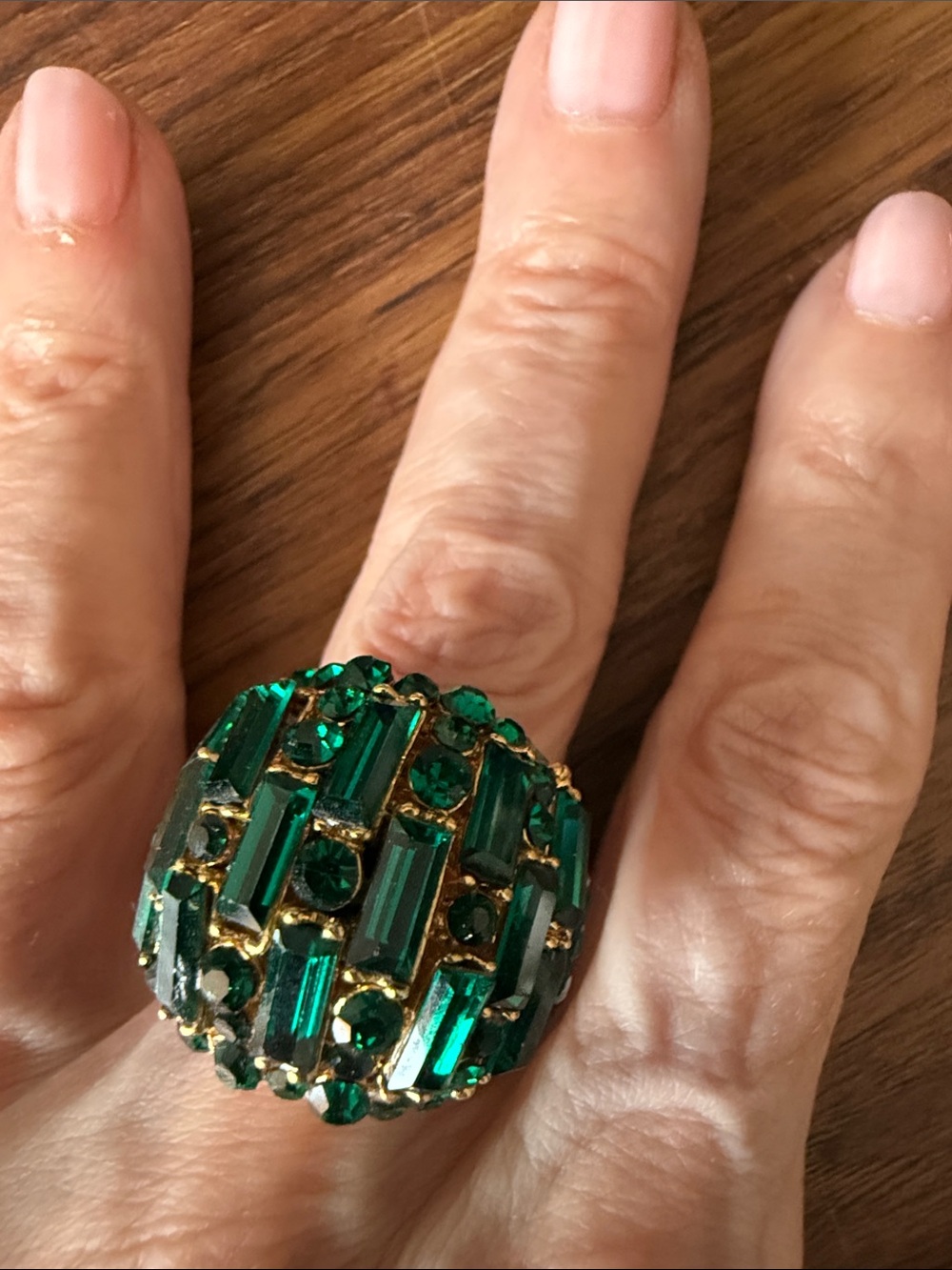 Adjustable Cocktail Ring w/Domed Cluster of Emerald Green Baguettes & Crystals. - Picture 2 of 9